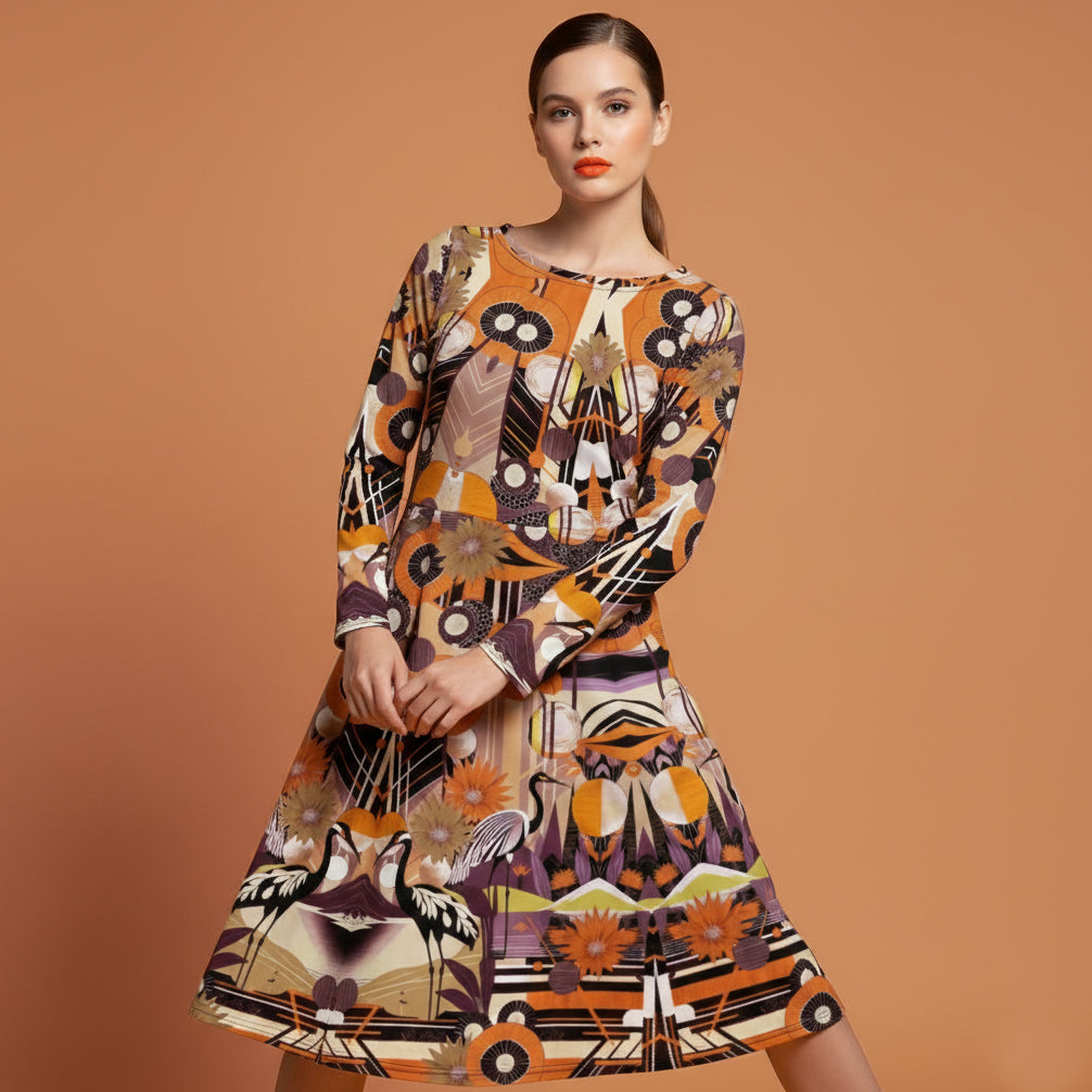 All-over print long sleeve midi dress 45oudCkl2