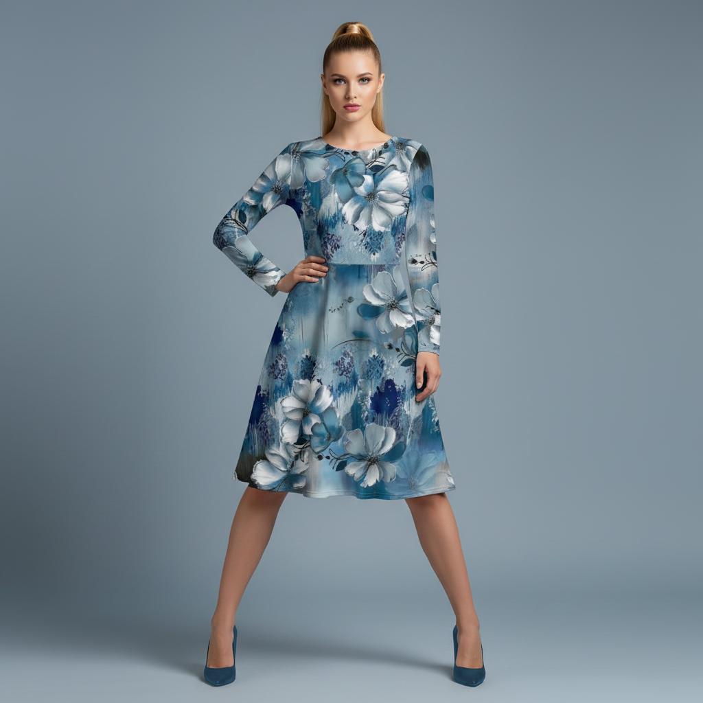 All-over print long sleeve midi dress 59C