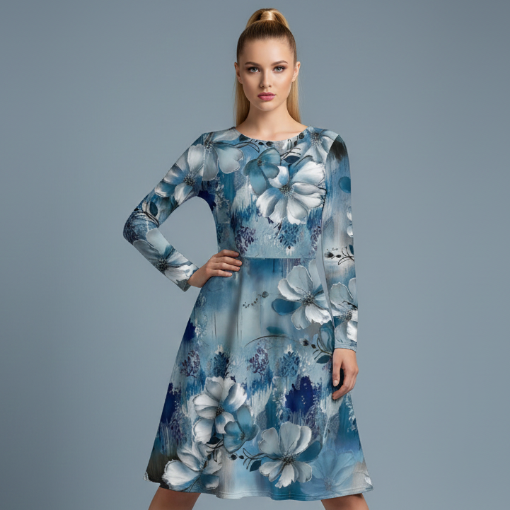 All-over print long sleeve midi dress 59C
