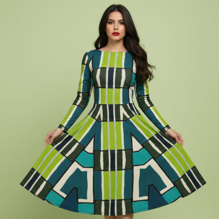 All-over print long sleeve midi dress 349Dkl1