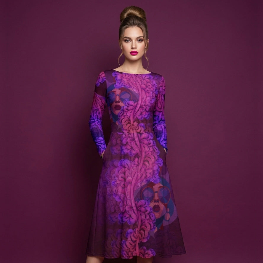 All-over print long sleeve midi dress Kn120Bkl1