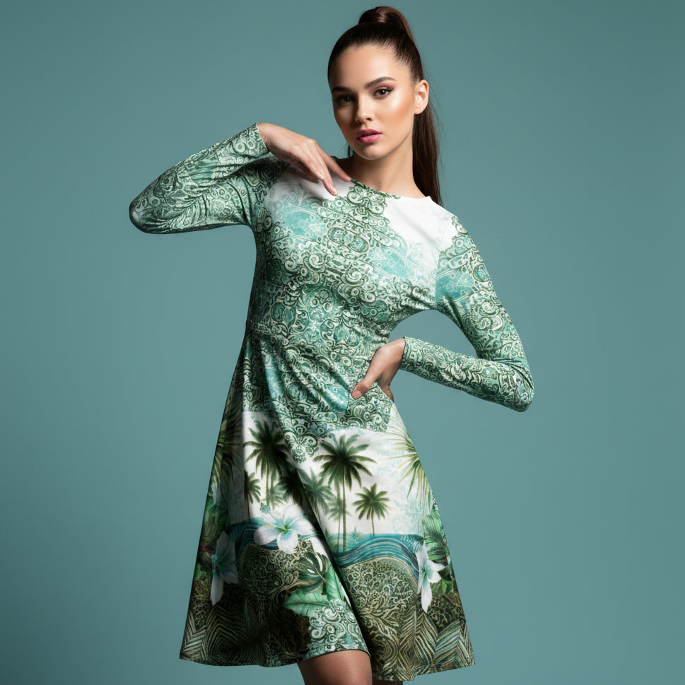 All-over print long sleeve midi dress 365Bkl5