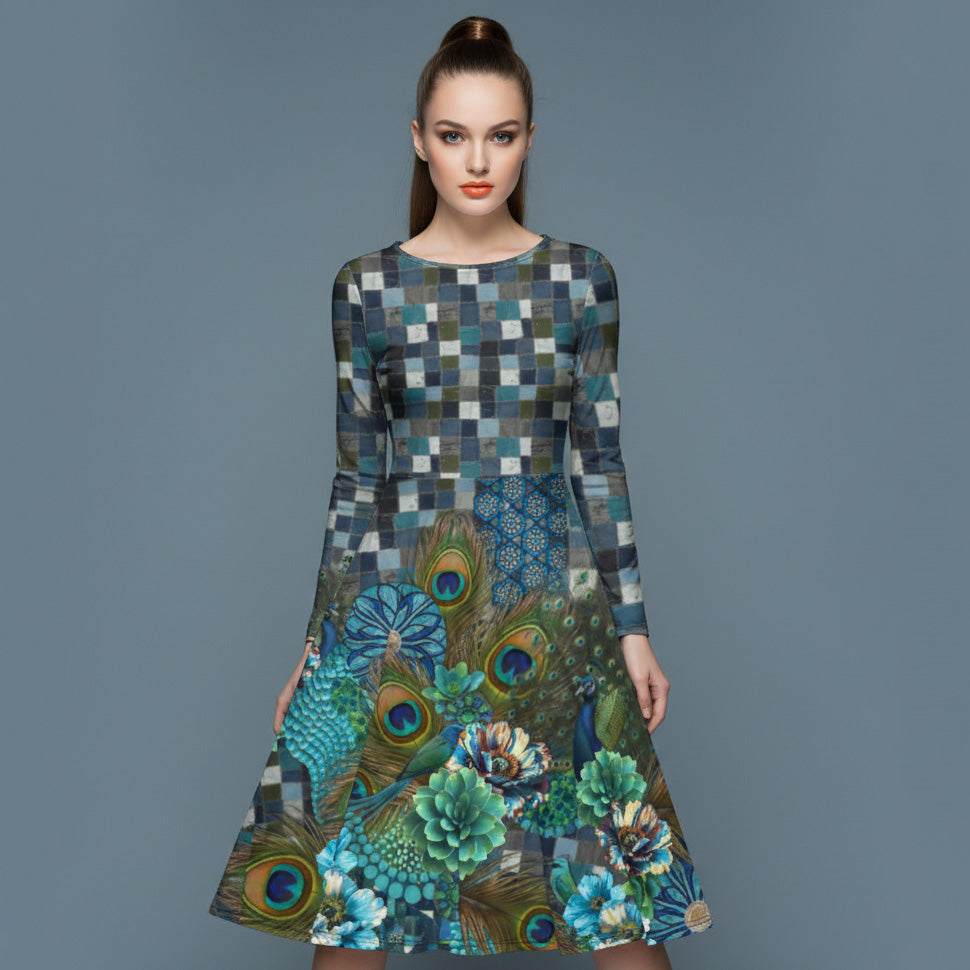 All-over print long sleeve midi dress 284D