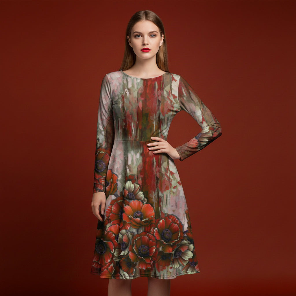 All-over print long sleeve midi dress 317Fkl2