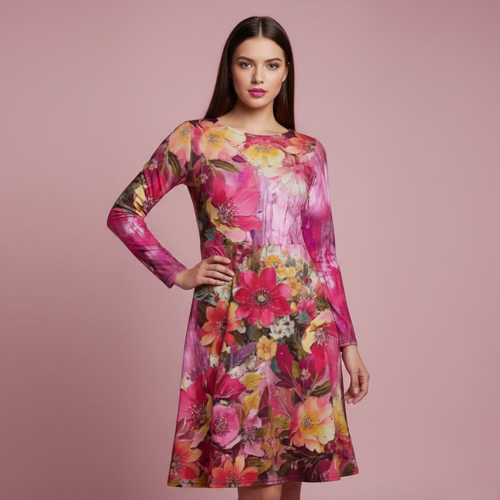 All-over print long sleeve midi dress 318