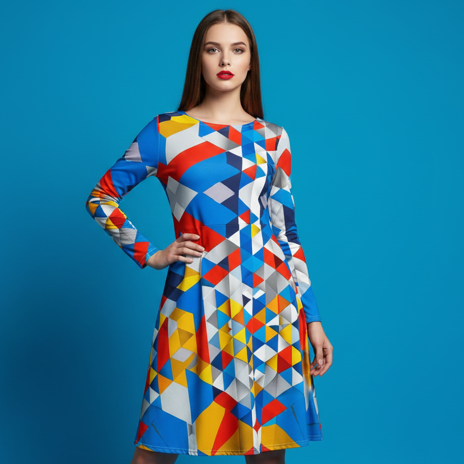 All-over print long sleeve midi dress 56E