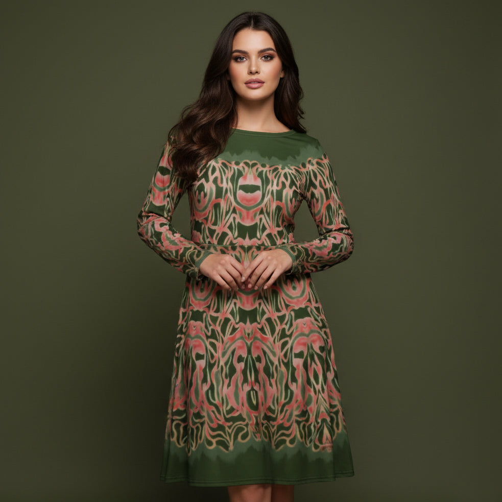 All-over print long sleeve midi dress 339Bkl2