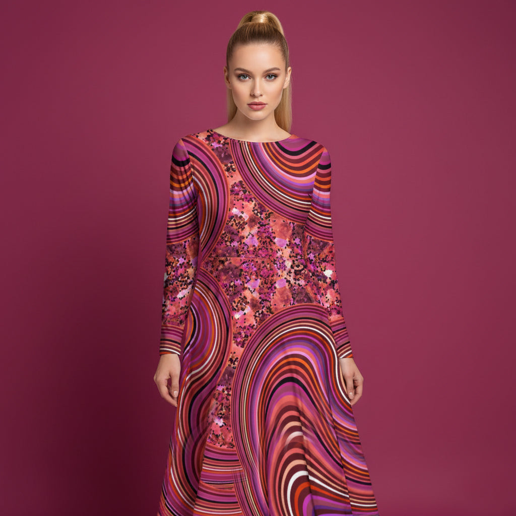 All-over print long sleeve midi dress 340kl5