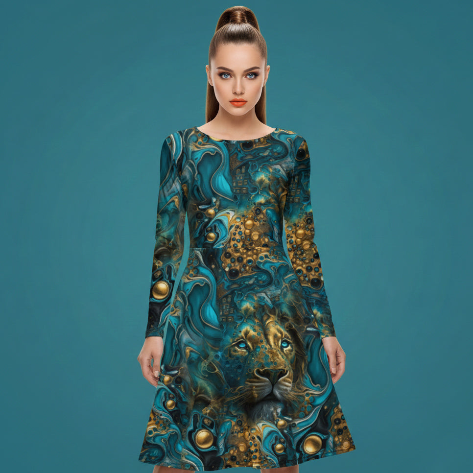 All-over print long sleeve midi dress 368Bkl1