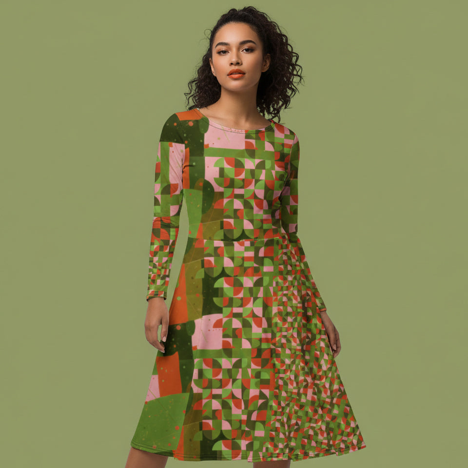 All-over print long sleeve midi dress 347Bkl6