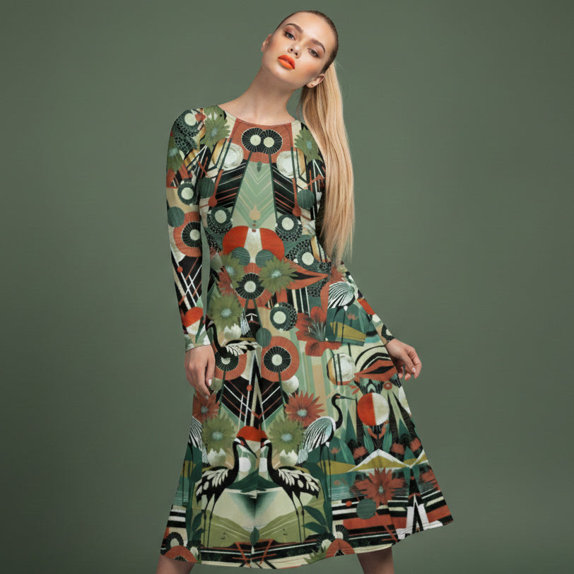 All-over print long sleeve midi dress 45oudCkl4