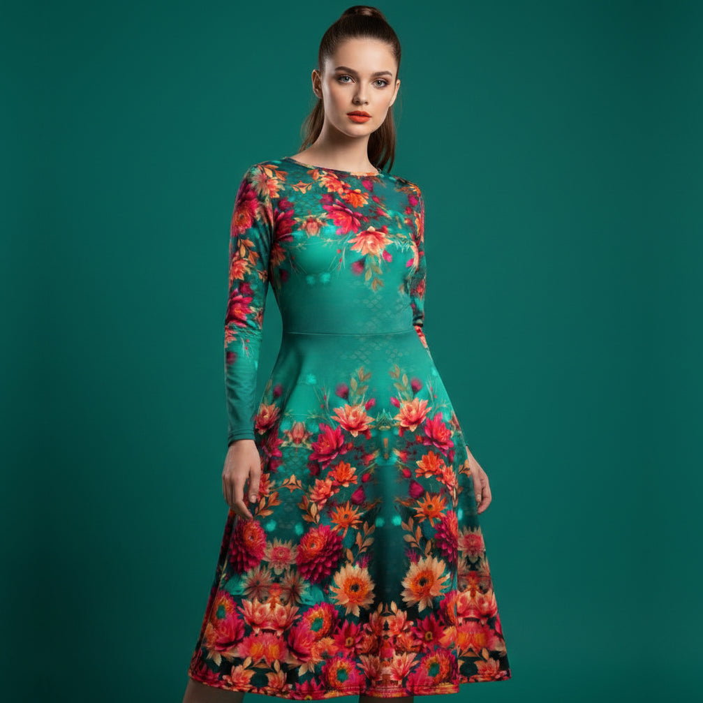 All-over print long sleeve midi dress  360kl1b