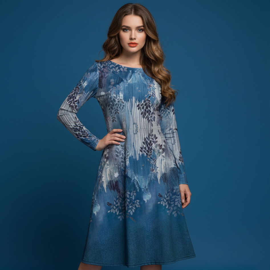 All-over print long sleeve midi dress 72B