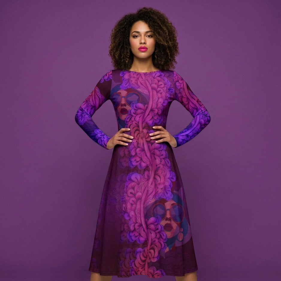 All-over print long sleeve midi dress Kn120Bkl1