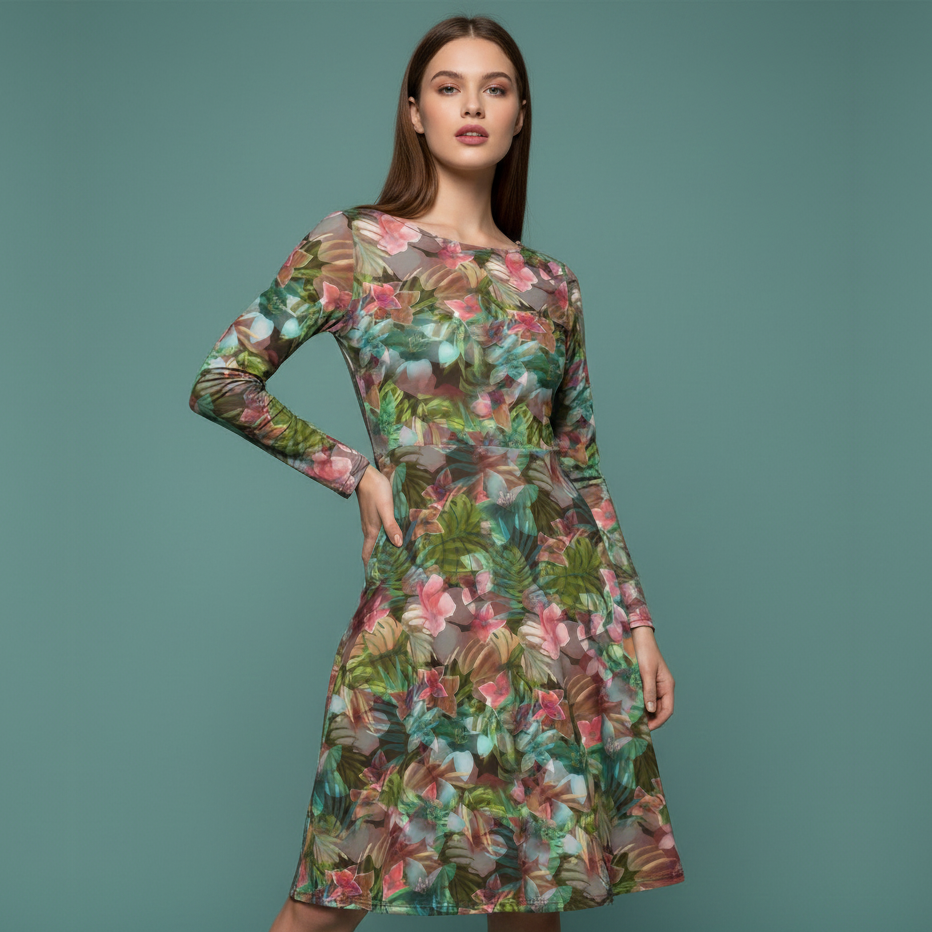 All-over print long sleeve midi dress Floor
