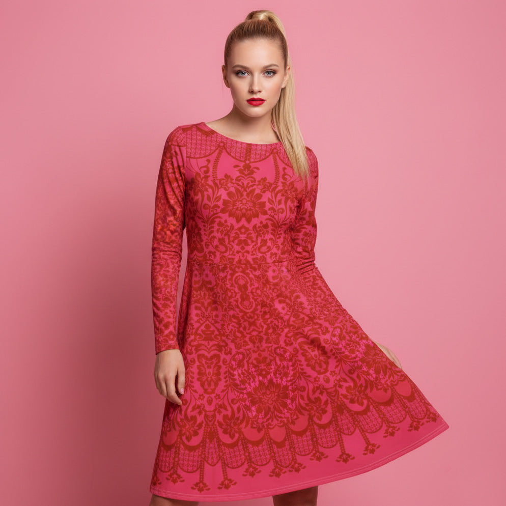 All-over print long sleeve midi dress 358Bkl5