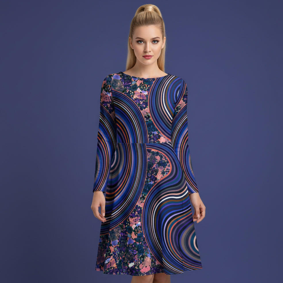 All-over print long sleeve midi dress 340kl3