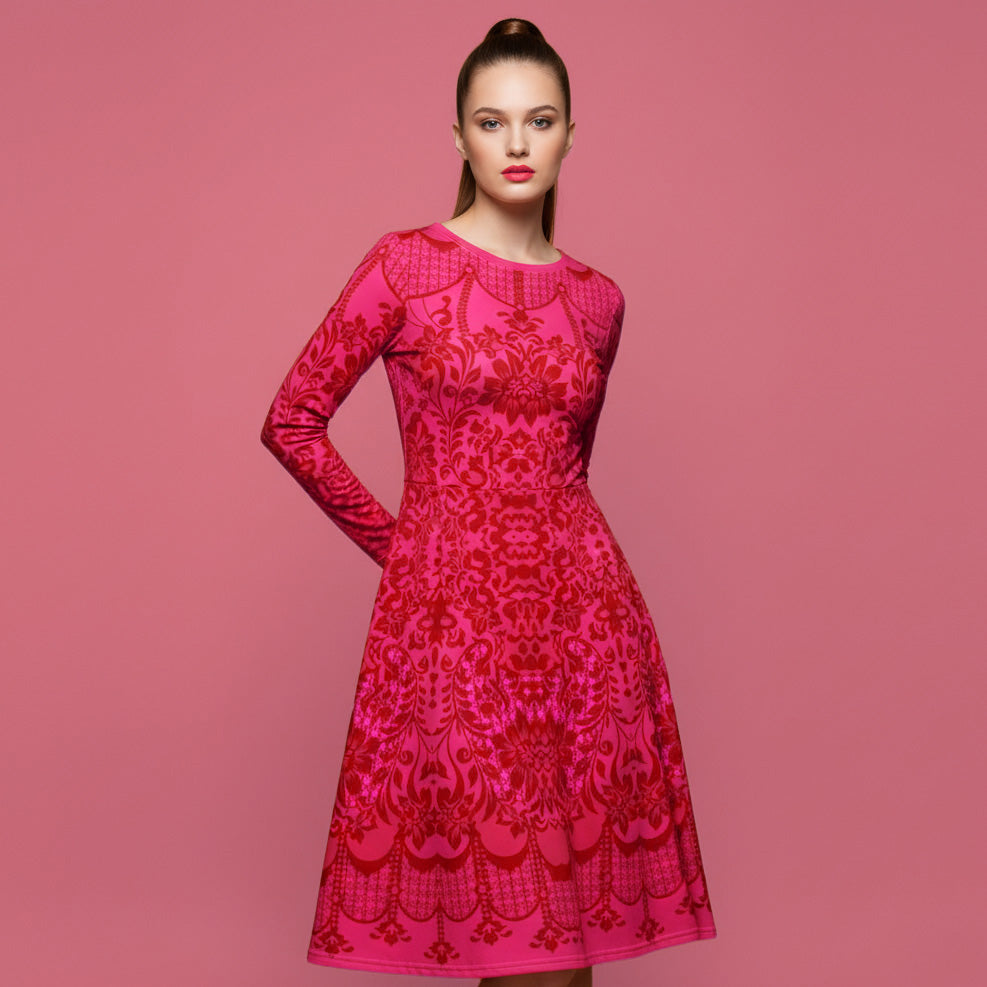 All-over print long sleeve midi dress 358Bkl5