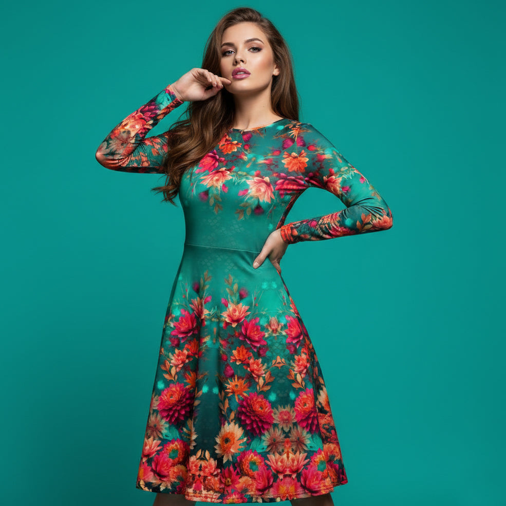 All-over print long sleeve midi dress  360kl1b