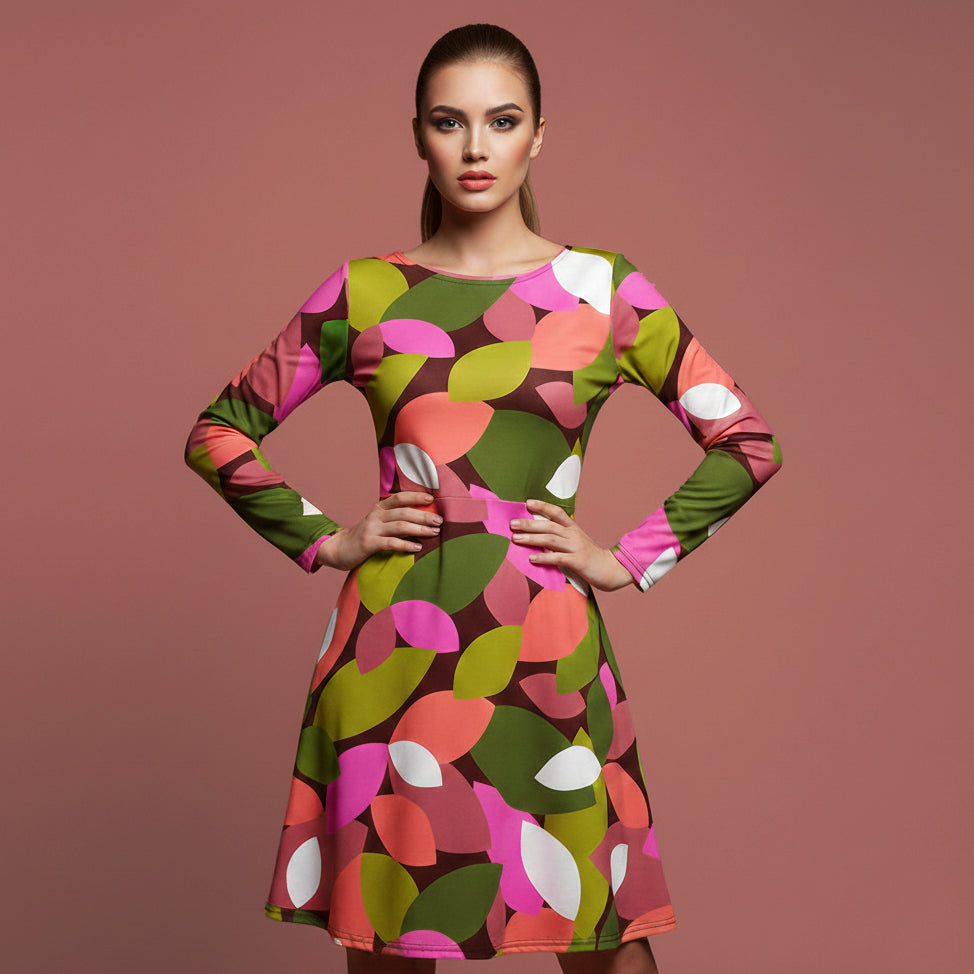 All-over print long sleeve midi dress 338kl3