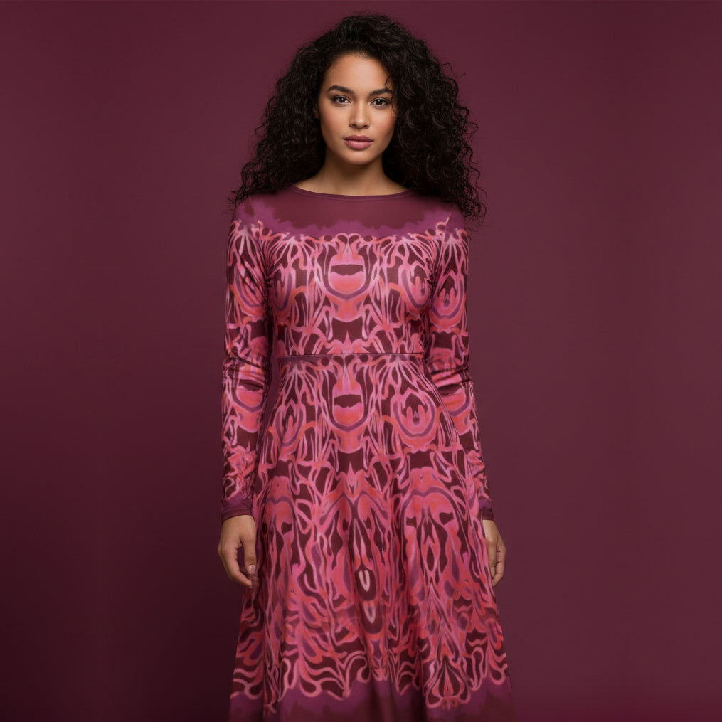 All-over print long sleeve midi dress 339Bkl5