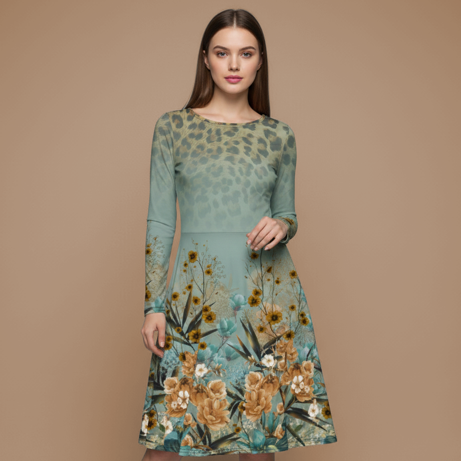 All-over print long sleeve midi dress tijger flowers