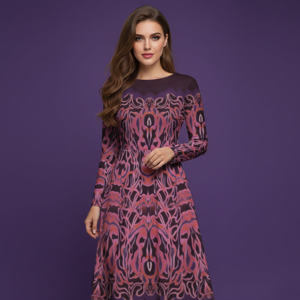 All-over print long sleeve midi dress 339Bkl6