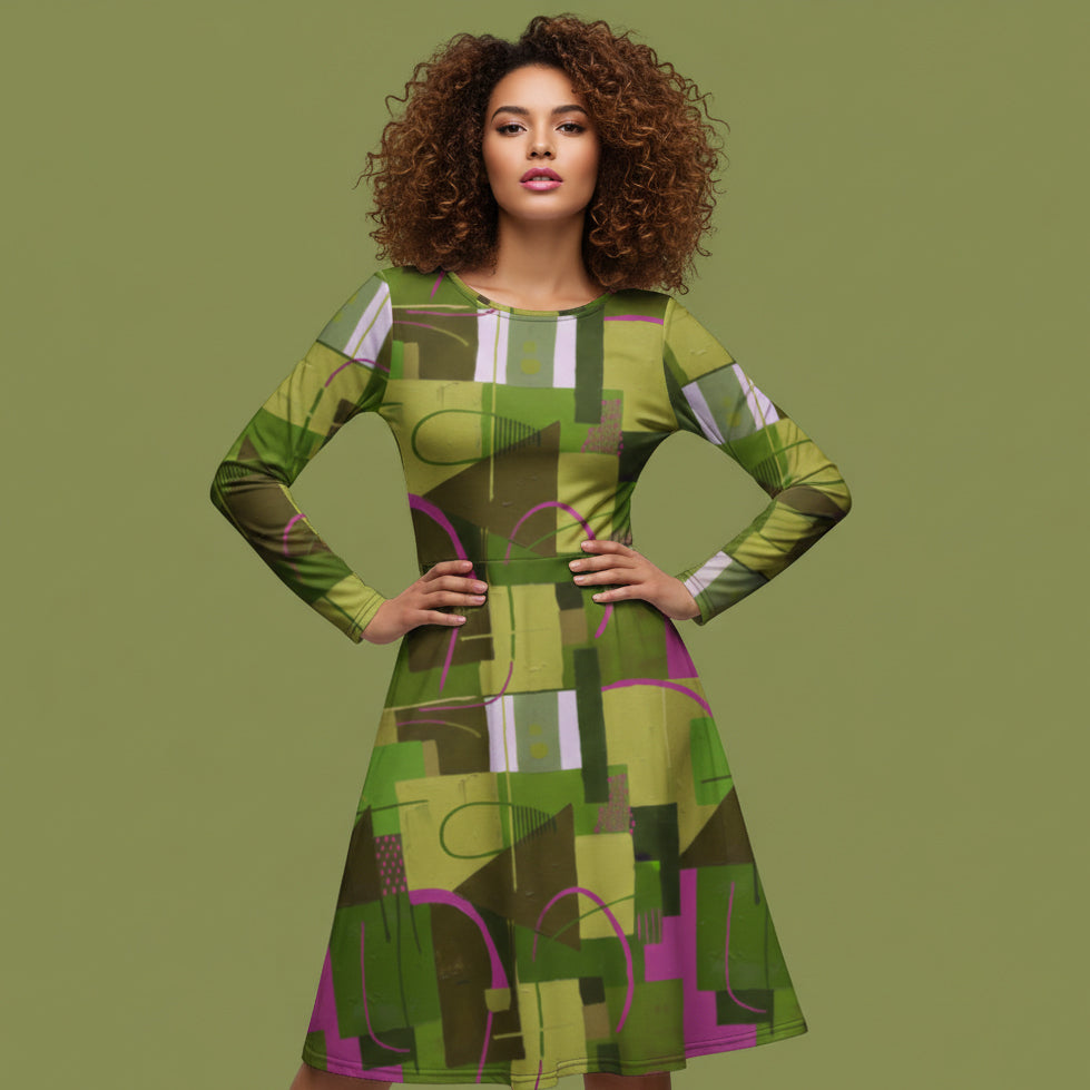 All-over print long sleeve midi dress 346kl2