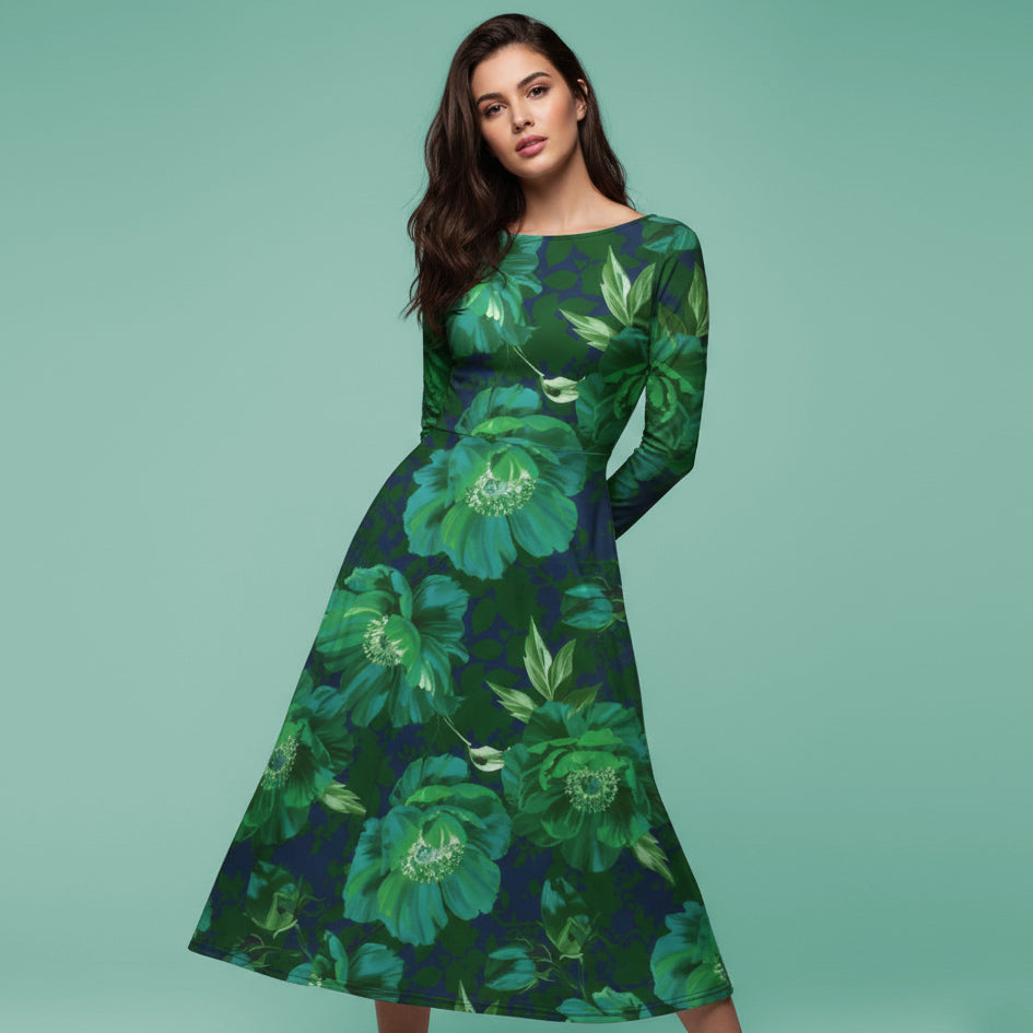 All-over print long sleeve midi dress 371Bkl3