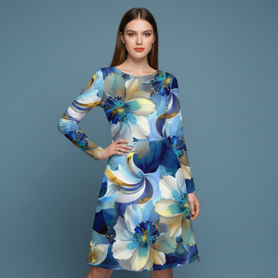 All-over print long sleeve midi dress 309B