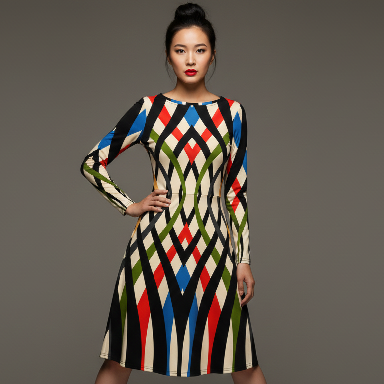 All-over print long sleeve midi dress 119B2
