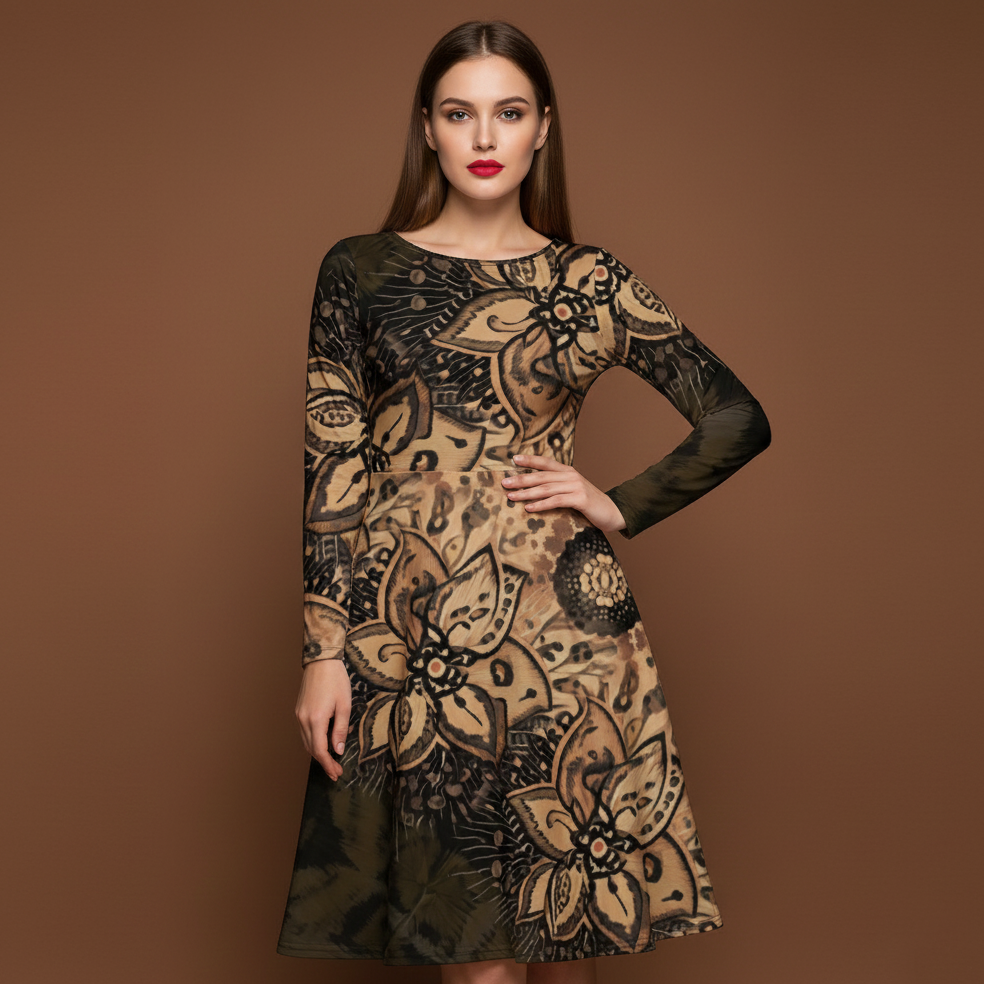All-over print long sleeve midi dress 152D