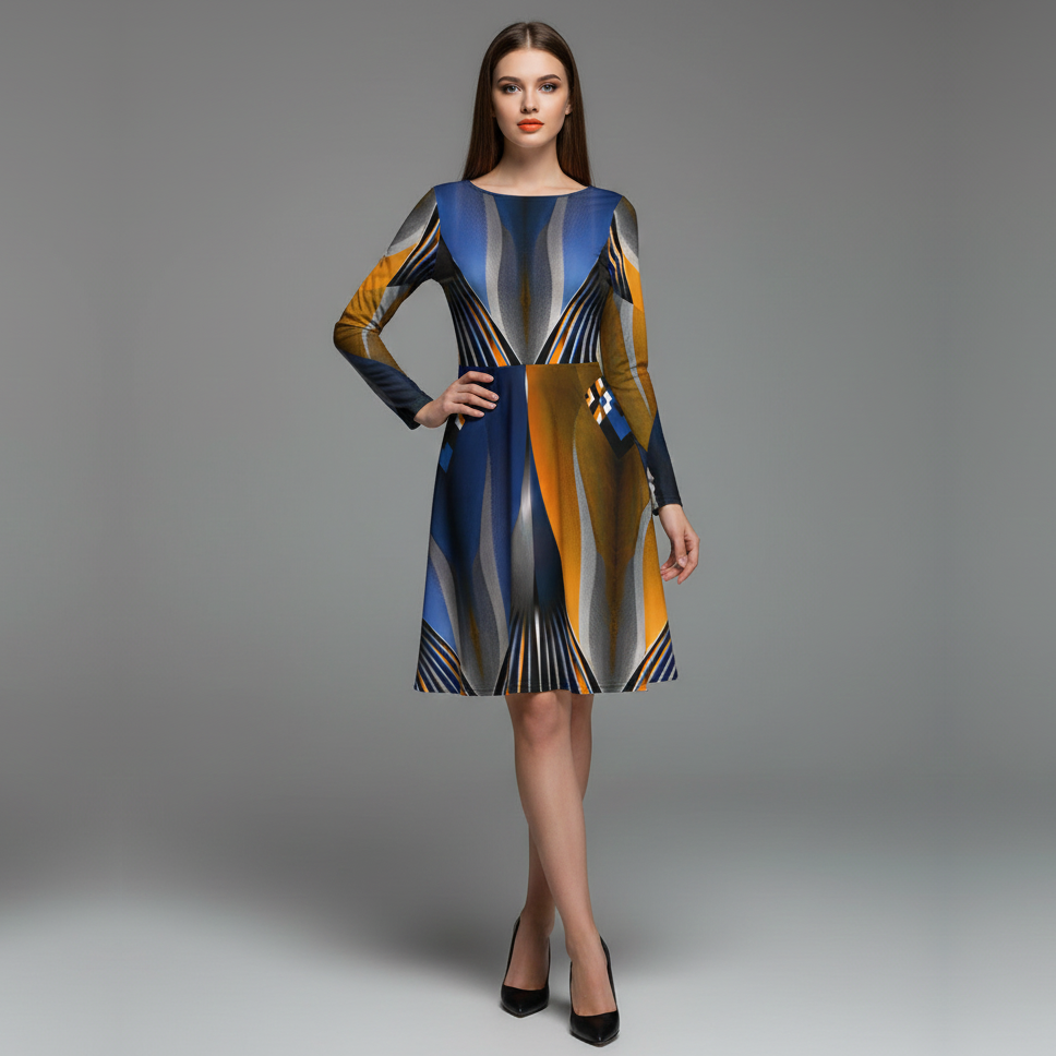 All-over print long sleeve midi dress 148D