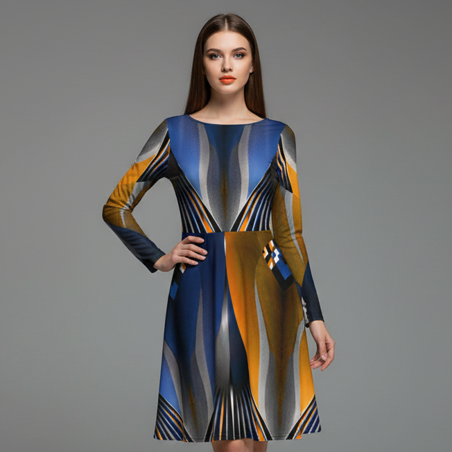All-over print long sleeve midi dress 148D