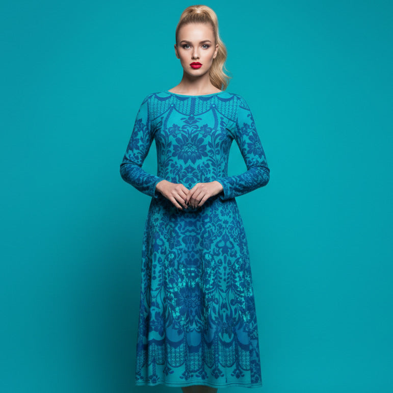 All-over print long sleeve midi dress 358Bkl6