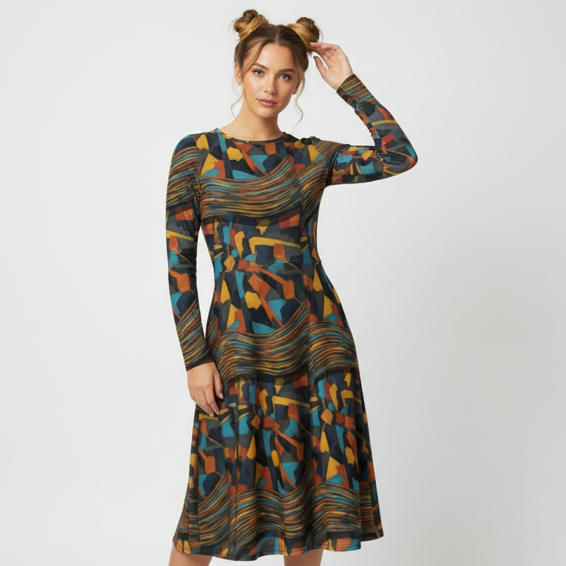All-over print long sleeve midi dress 277