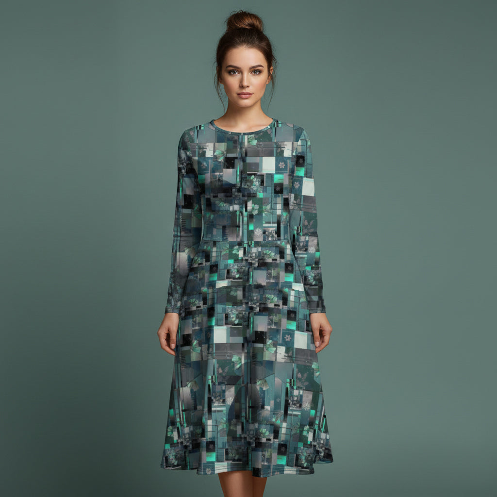 All-over print long sleeve midi dress 305Bkl2