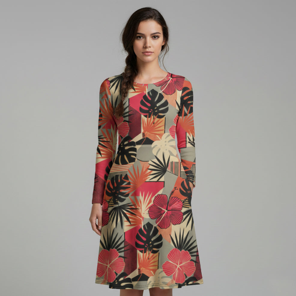 All-over print long sleeve midi dress 302kl1