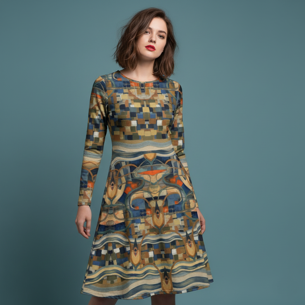 All-over print long sleeve midi dress 276C