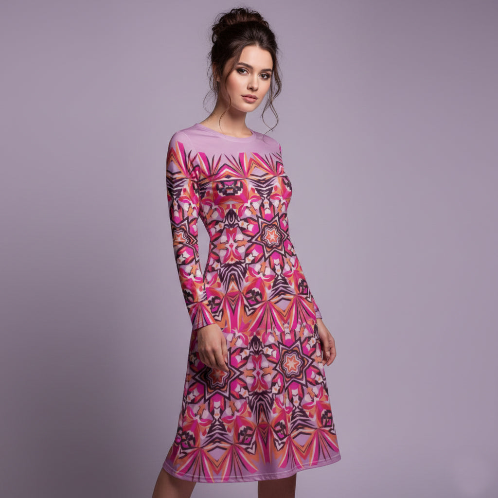 All-over print long sleeve midi dress 301kl2