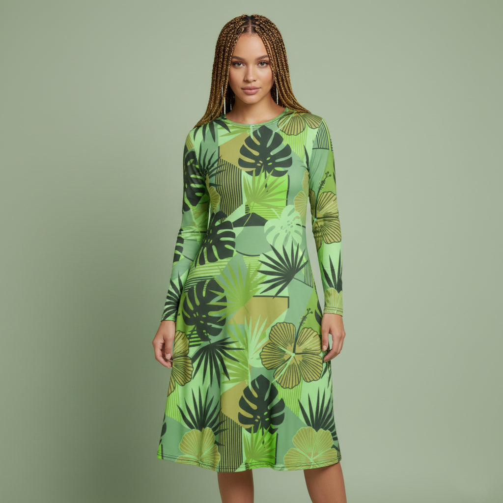 All-over print long sleeve midi dress 302kl3