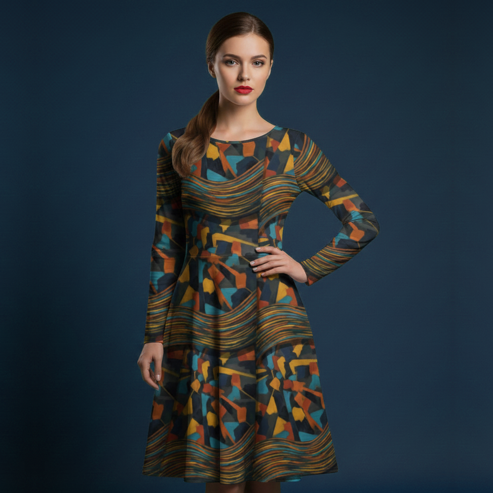 All-over print long sleeve midi dress 277