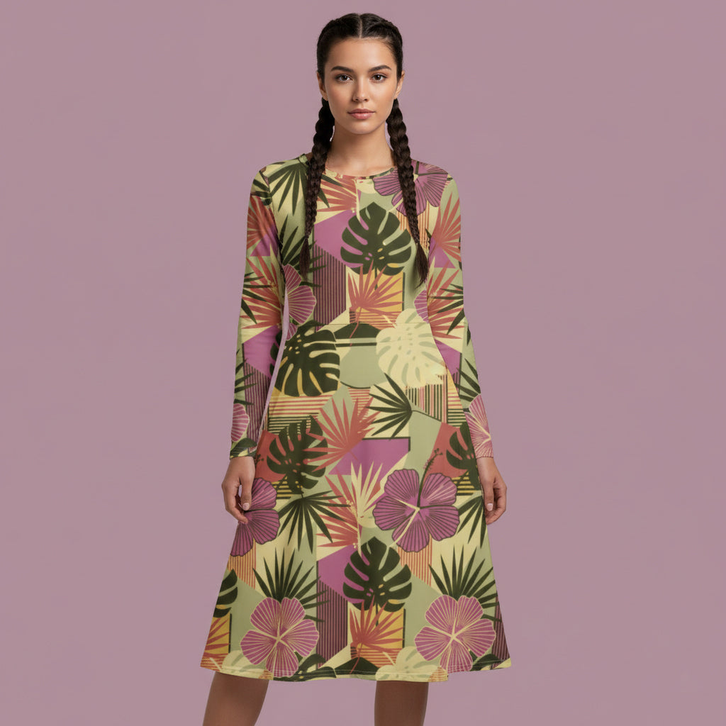 All-over print long sleeve midi dress 302kl2