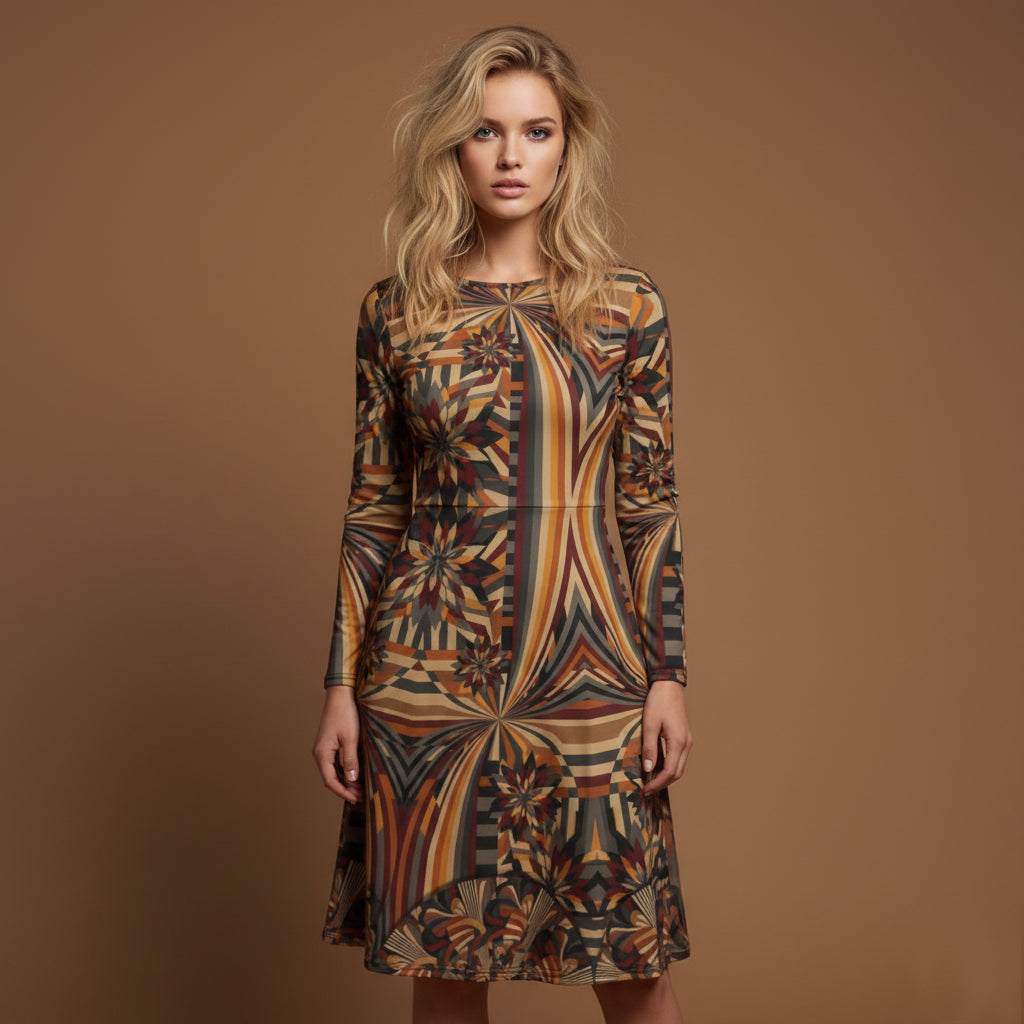 All-over print long sleeve midi dress 303kl1