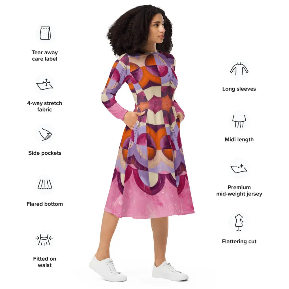 All-over print long sleeve midi dress 350Bkl1