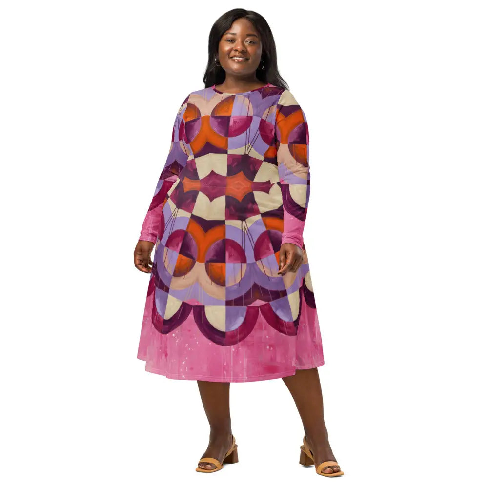 All-over print long sleeve midi dress 350Bkl1