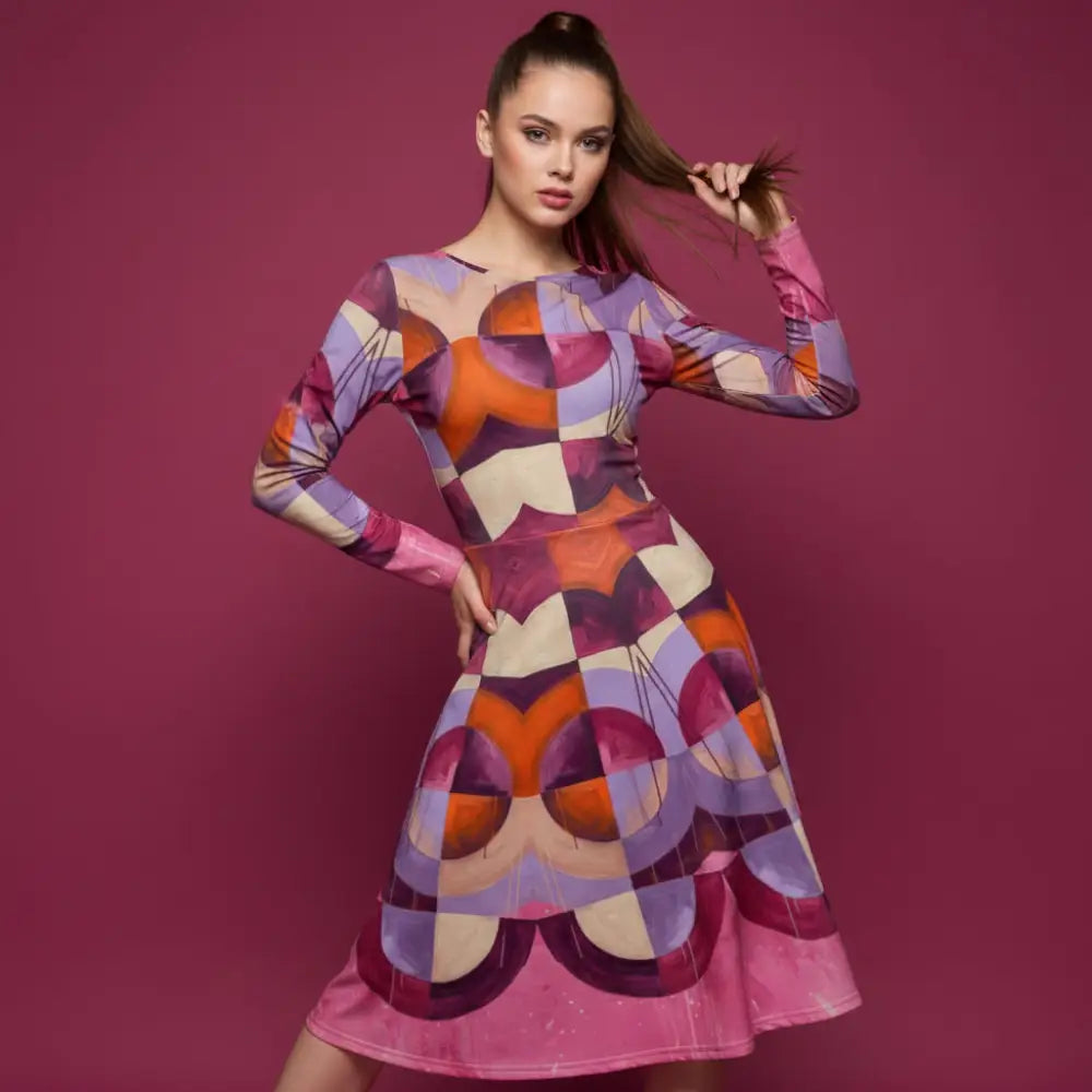 All-over print long sleeve midi dress 350Bkl1