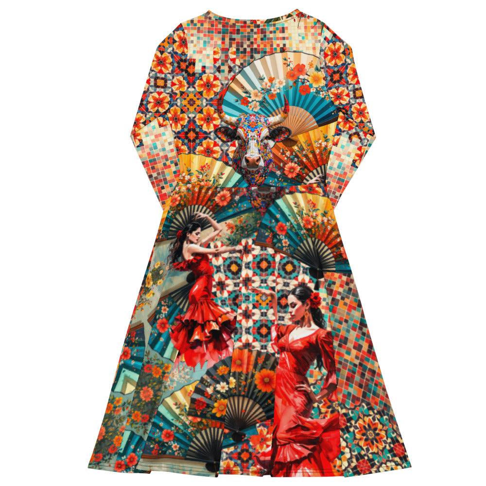 All-over print long sleeve midi dress 204A