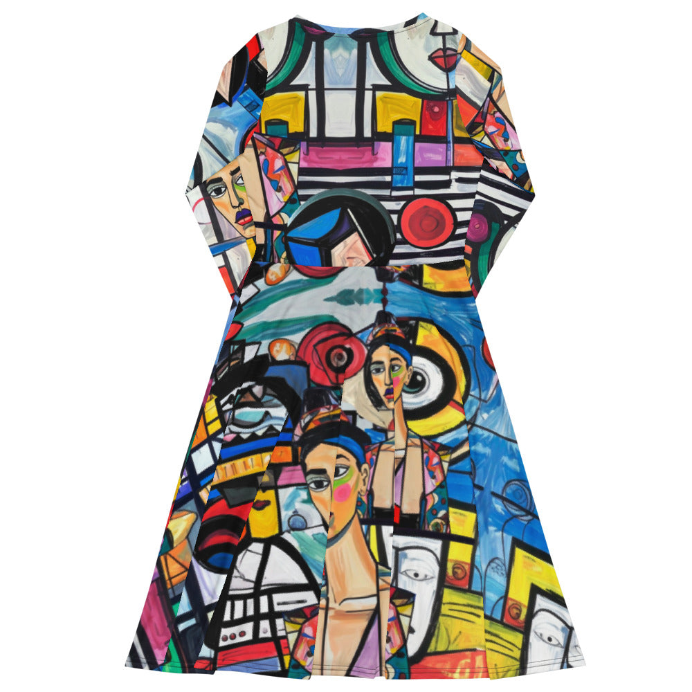 All-over print long sleeve midi dress 207B