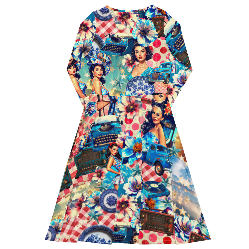 All-over print long sleeve midi dress 221